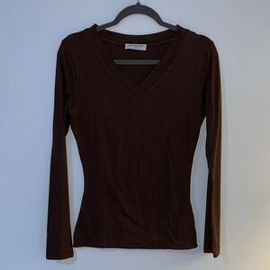 Classic chocolate brown V-Neck Long Sleeve Top, buttery soft, hugs the body